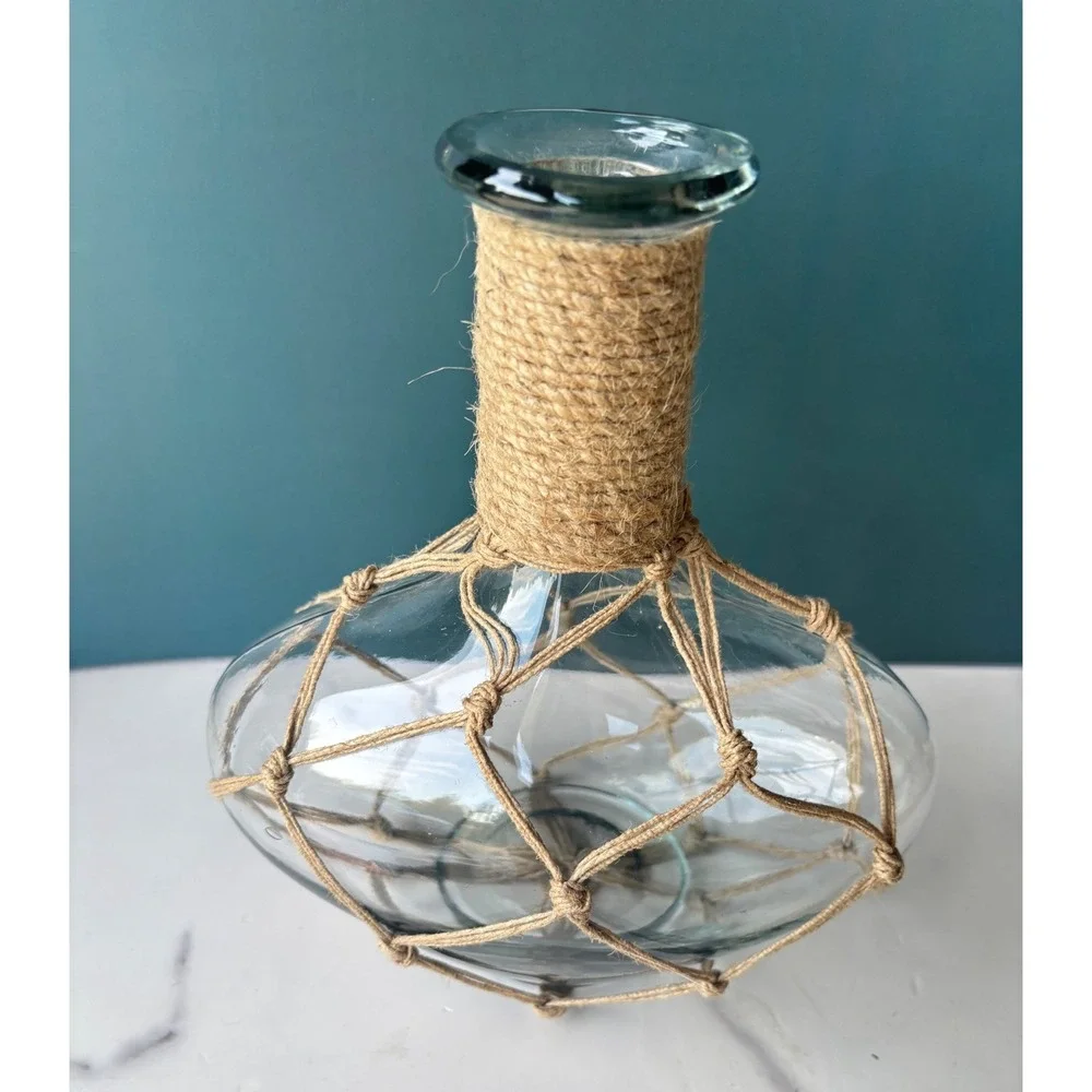 Nautical Glass Vase Jute Rope Wrapped Net Coastal Beach House Decor Centerpiece